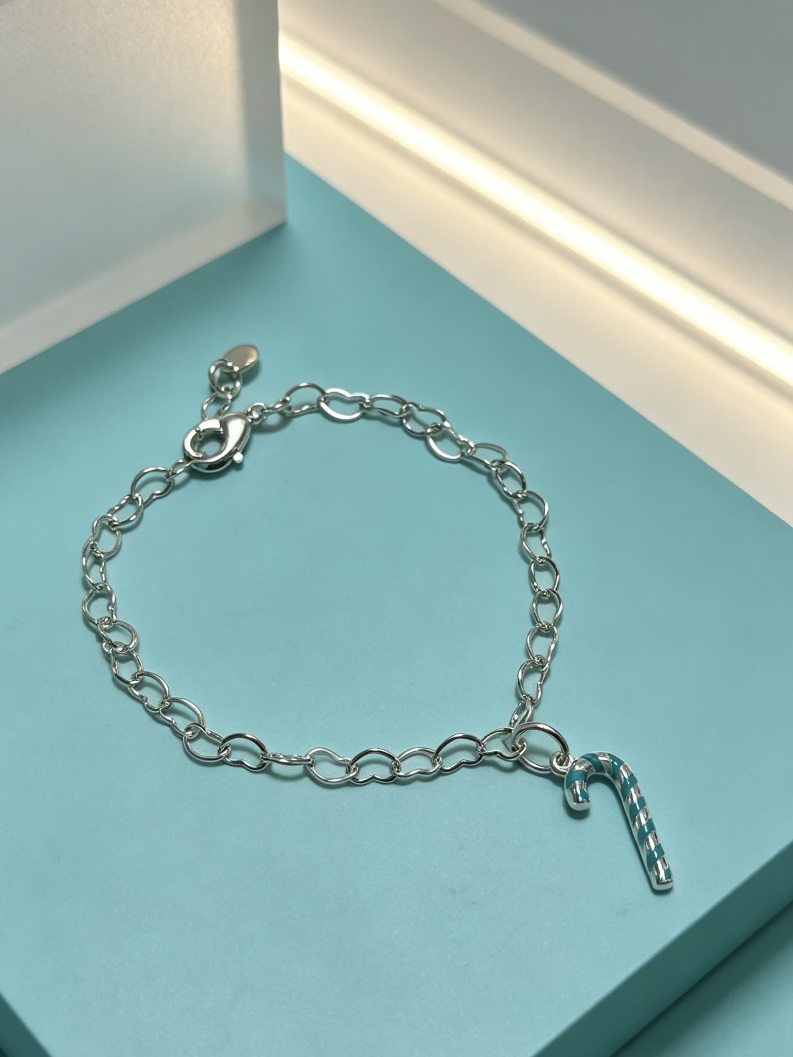 Tiffany & Co. Silver Blue Enamel Candy Cane Charm Bracelet